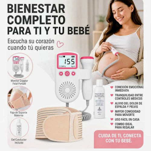 Kit Bienestar Mamá – Doppler Fetal Prenatal, Almohada Semiortopédica y Placa de Masajes para Embarazadas